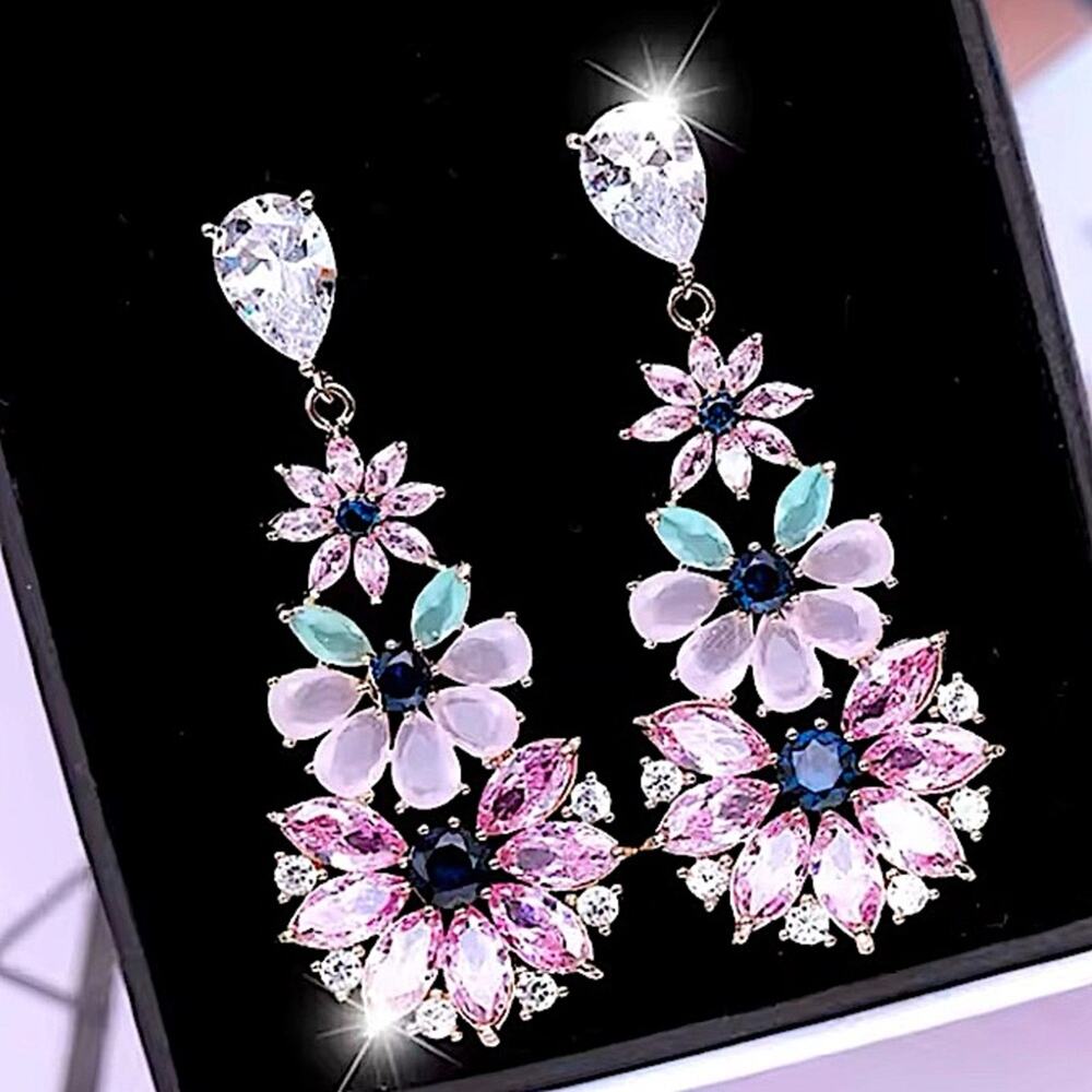 Crystal Pink Flower Dangle Earrings